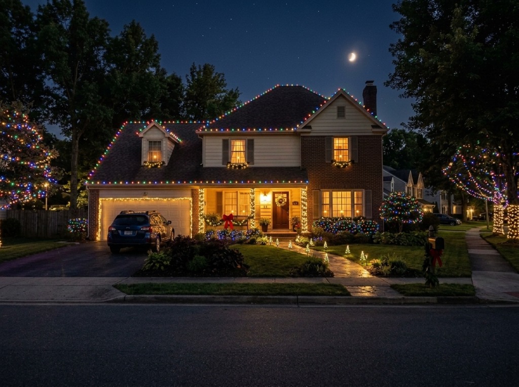 House with Christmas Lights Installed