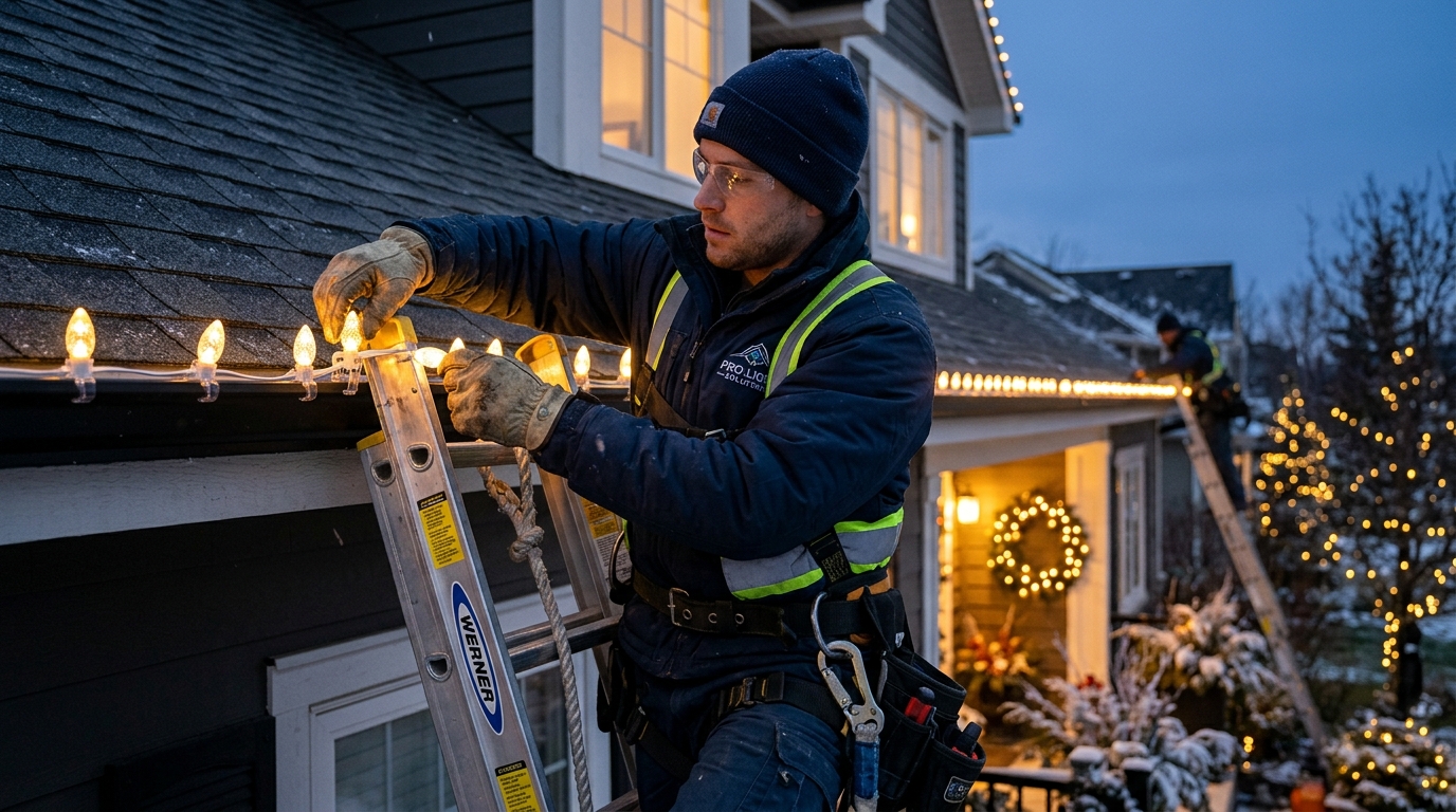 Installer putting up Christmas lights