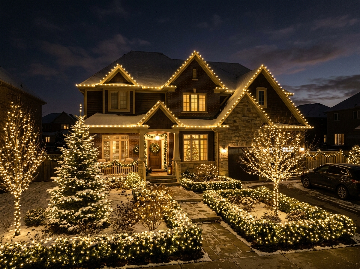 Christmas lighting on house roofline