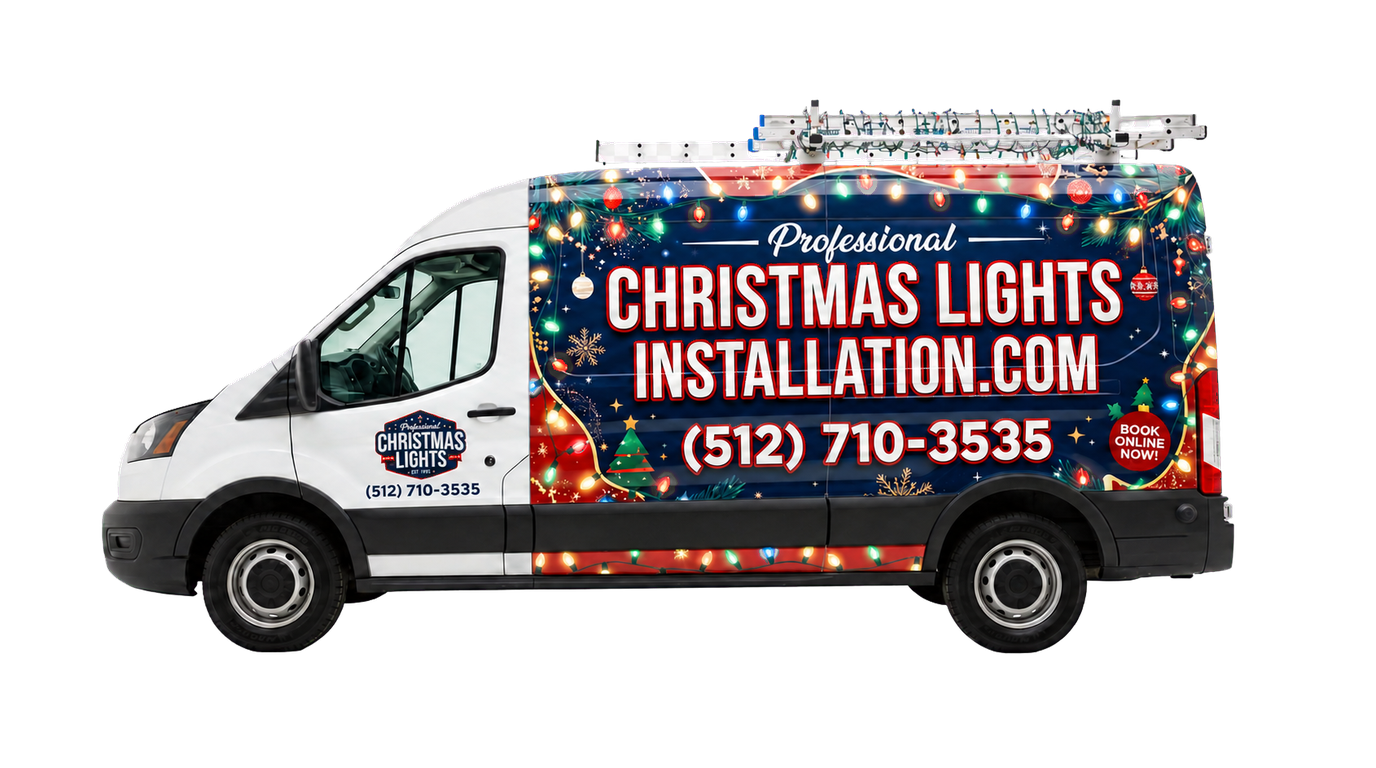 Christmas Lights Installation service van with phone number (512) 710-3535